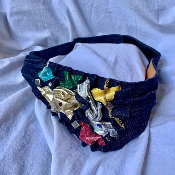 Vintage denim leather stones belt wide medium 80s - Picture 1 of 8